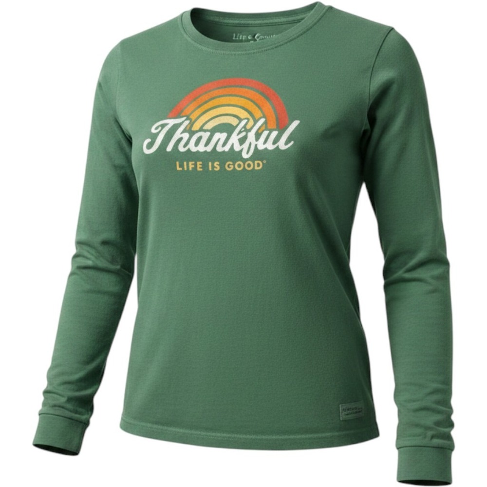 Life Is Good Crusher Long Sleeve Shirt Green Thankful Rainbow Graphic Womens S